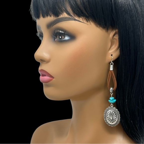 Western Concho Charm Faux Suede Long Dangle Earrings - Picture 3 of 3